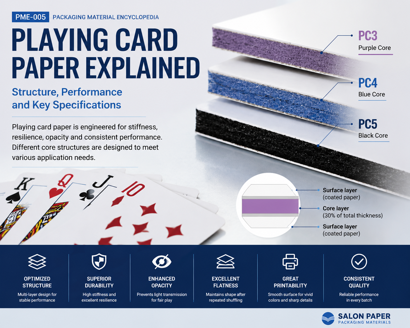 Playing Card Paper Explained - Purple Core PC3 Blue Core PC4 Black Core PC5 Card Stock Structure and Specifications